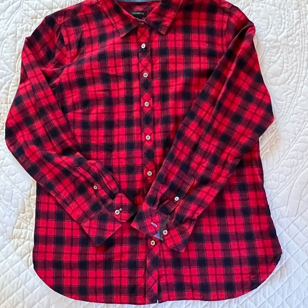 Talbots Red and Black Checkered Ladies Button Down Shirt Large EUC